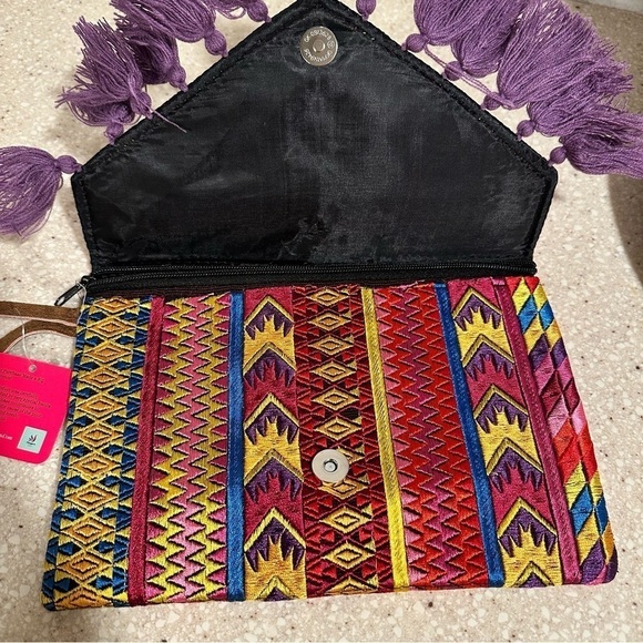 Ethnic Boho Large Clutch Suede Wristlet Bag Handmade Embroidery Tassels Indi NEW - Picture 10 of 16